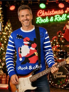 Holiday Times Ugly Christmas Sweater Women’s Sz L Santa Rock & Roll Blue